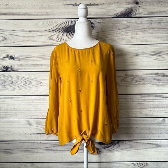 Loft Yellow Floral Embroidered Tie Front Blouse - Picture 3 of 9